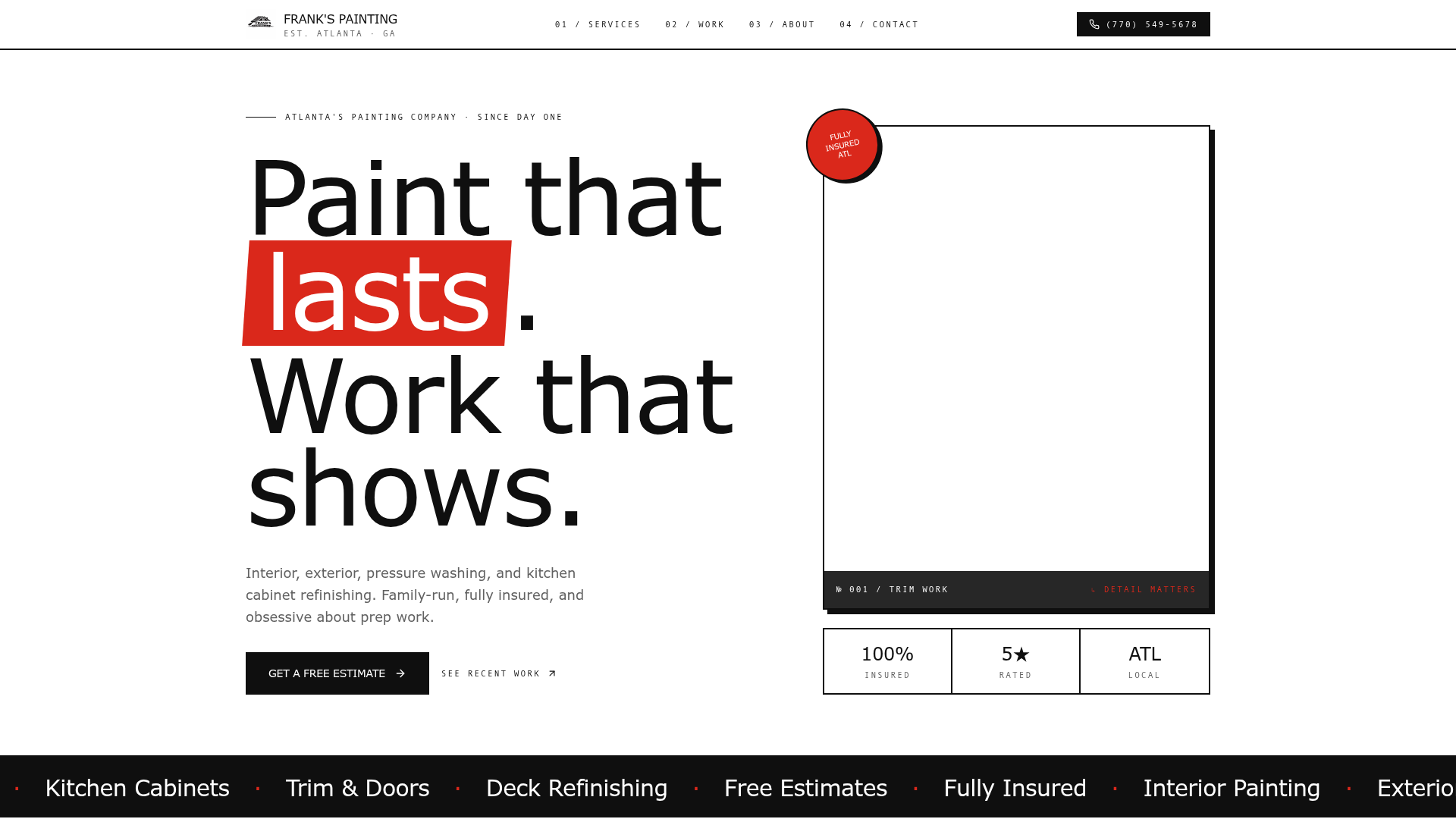 Frank's Painting — A confident, swiss-grid identity for a family-run painting company — built around prep work, trust, and a single phone call.