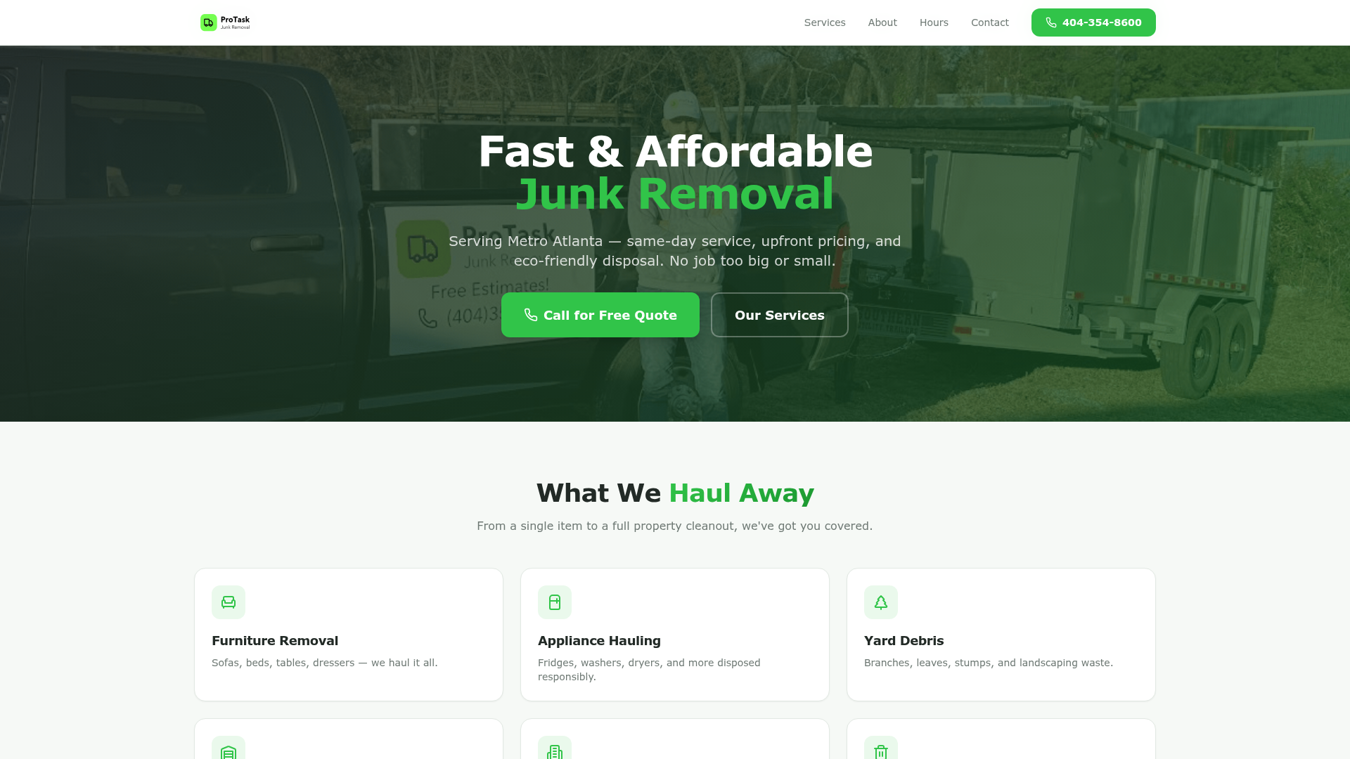 ProTask Junk Removal — Lead-generation site for an Atlanta hauling company. Clear pricing, fast quotes, and a service grid built to convert.